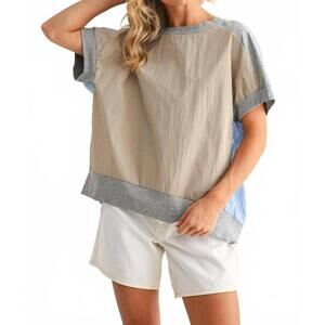 NEW JOH joy mixed media top in heather grey khaki